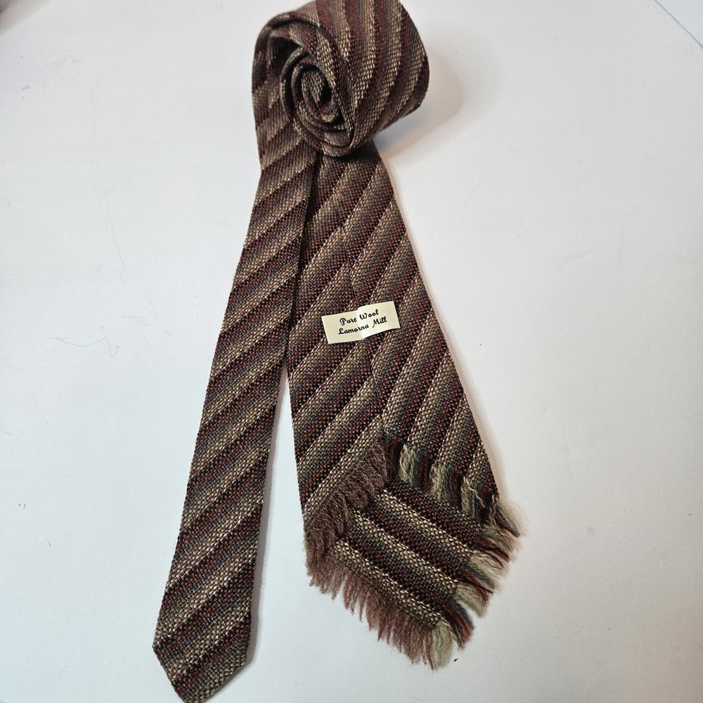 Lamorna Mill Brown Earthy Striped 100% Wool Tie. Rustic, Artisian Fringe UK Made - Picture 3 of 3
